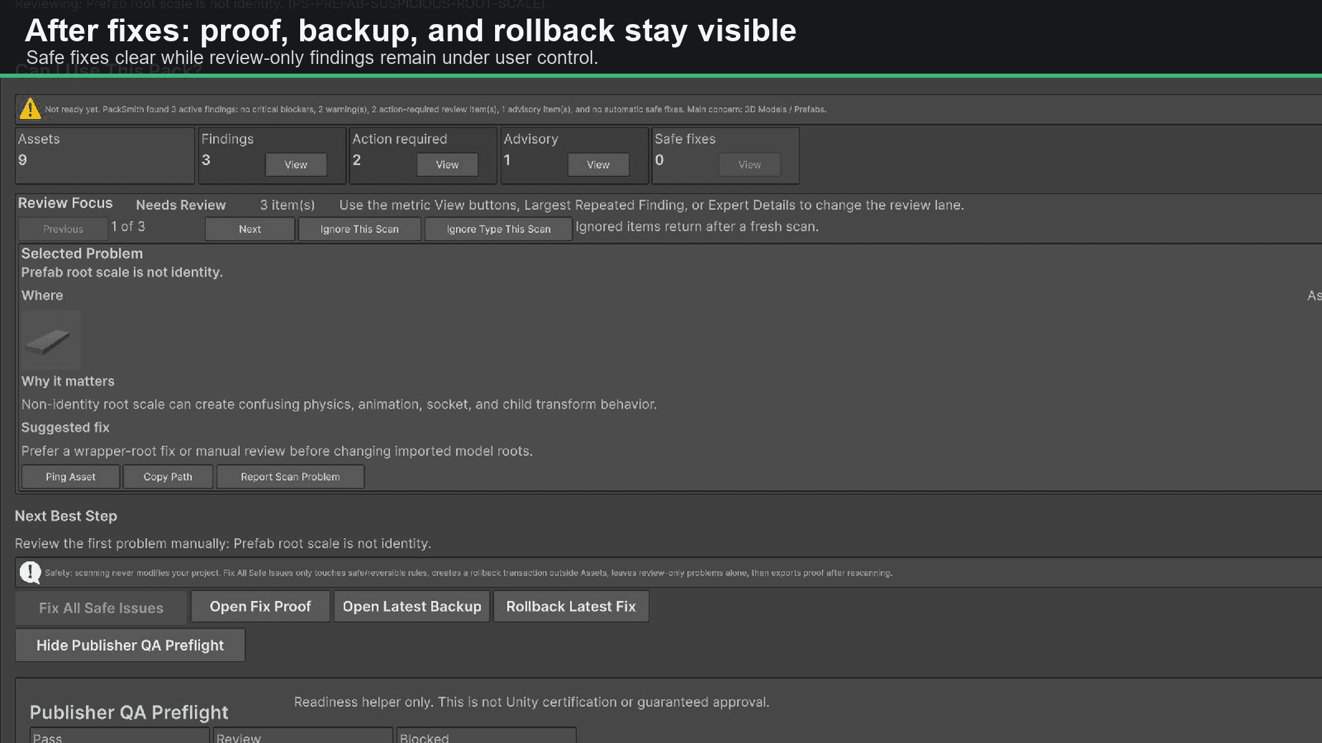 Safe-fix proof in the PackSmith Unity Editor window